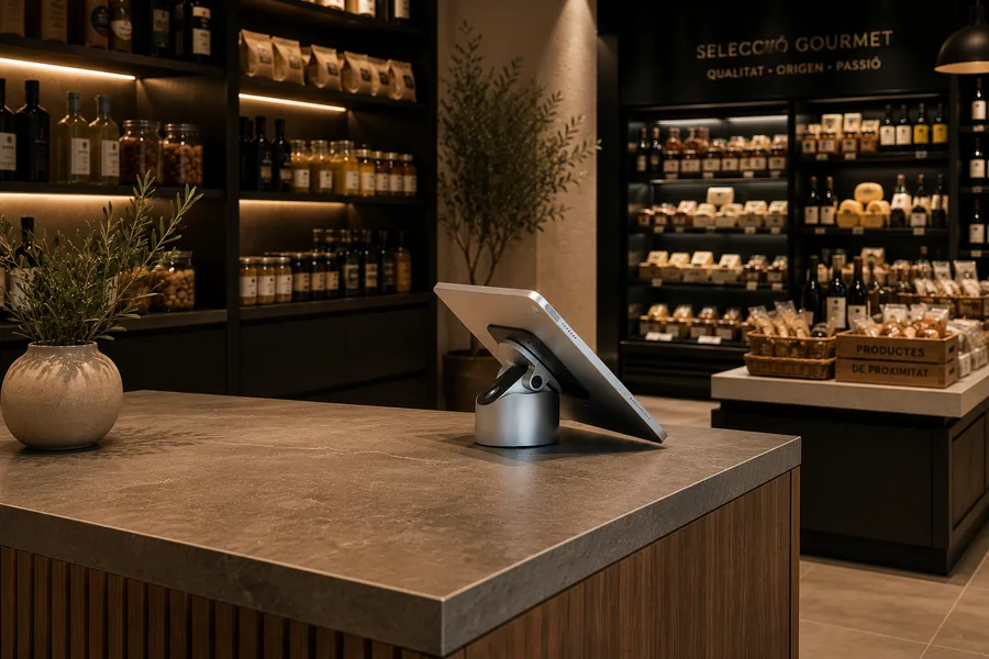Tablet TPV premium en una cafetería gourmet